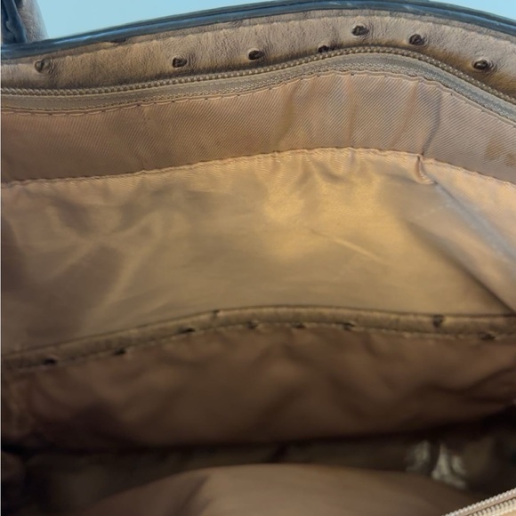 Taupe Ostrich Look Satchel Handbag and Wristlet - Picture 7 of 8